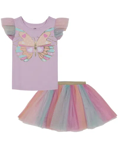 Shop Kids Headquarters Little Girls Mesh Butterfly T-shirt And Tutu Skort Set In Lilac