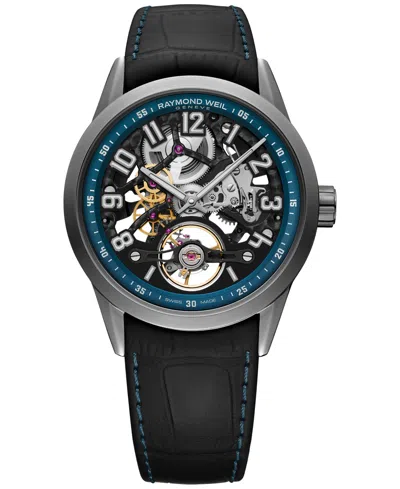 Shop Raymond Weil Men's Swiss Automatic Freelancer Usa Limited Edition Blue Leather Strap Watch 43mm In Black