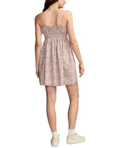 Shop Lucky Brand Women's Printed Sweetheart-neck Smocked Cotton Mini Dress In Pink Champagne Multi