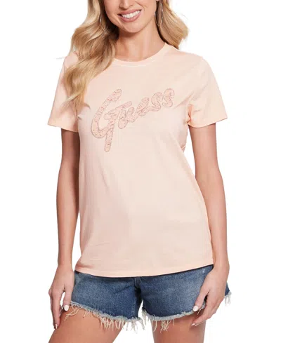 Shop Guess Women's Cotton Lace-logo Short-sleeve Easy T-shirt In Peach Sky Multi