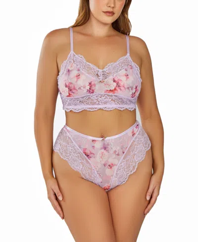 Shop Icollection Plus Size 2pc. Brushed Lingerie Set Trimmed In Elegant Soft Lace In Purple