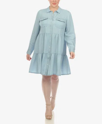 Shop White Mark Plus Size Long Sleeve Tiered Midi Shirt Dress In Denim Blue