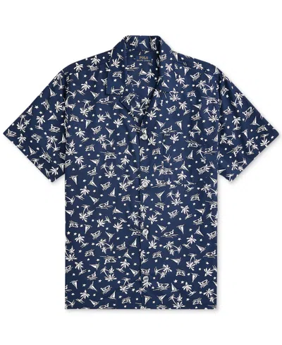 Shop Polo Ralph Lauren Men's Cotton Notched-collar Pajama Shirt In Cruise Navy Bahama Wakeboarder Print