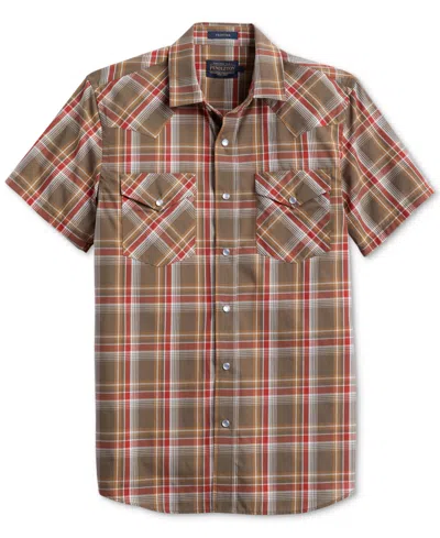 Shop Pendleton Men's Frontier Plaid Short Sleeve Button-front Shirt In Brown,red Plaid