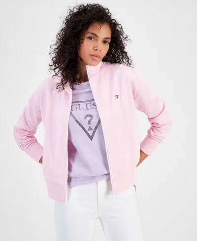 Shop Guess Women's Mylah Zip Front Contrast Trim Sweatshirt In Dragon Pink