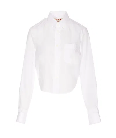 Shop Marni Long Sleeved Buttoned Cropped Shirt In White