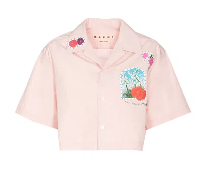 Shop Marni Floral Printed Short Sleeved Cropped Shirt In Pink