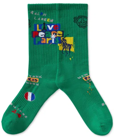 Shop Polo Ralph Lauren Men's Love Peace Paris Crew Socks In Green
