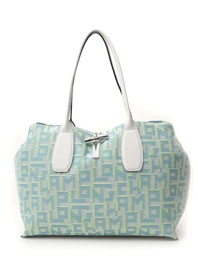 Shop Longchamp Logo Jacquard Maxi Shopping Bag In Blue