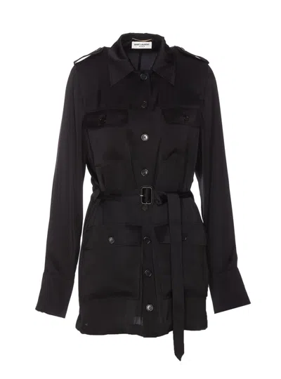 Shop Saint Laurent Buttoned Belted Dress In Black