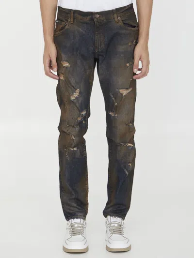 Shop Dolce & Gabbana Délavé Denim Jeans In Brown