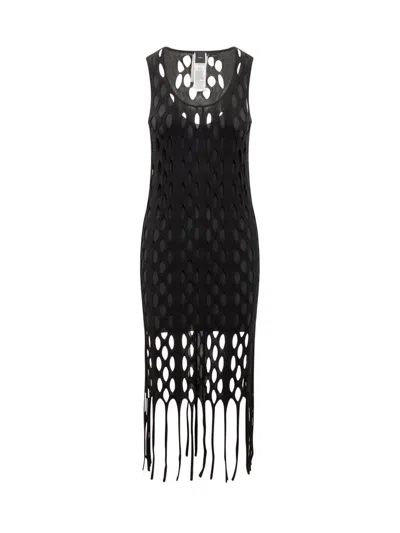 Shop Pinko Dress With Mesh Effect And Fringes In Black