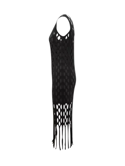 Shop Pinko Dress With Mesh Effect And Fringes In Black