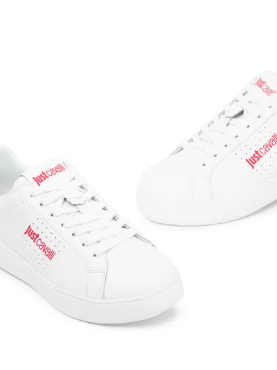 Just Cavalli Tiger Head-logo Leather Sneakers In White