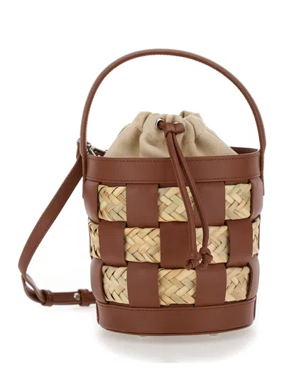 Shop Hereu Galleda Brown And Beige Bucket Bag With Drawstring In Rafia And Leather Woman