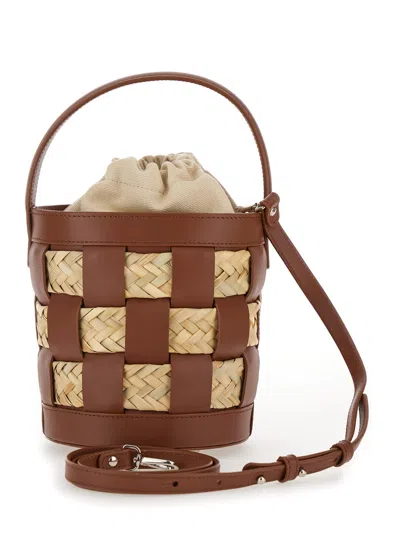 Shop Hereu Galleda Brown And Beige Bucket Bag With Drawstring In Rafia And Leather Woman