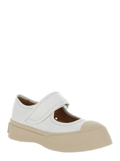 Shop Marni Pablo White Mary Janes With Strap And Logo In Leather Woman