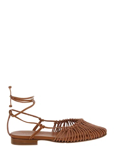 Shop Hereu Mantera Brown Ballerinas With Ankle Strings In Leather Woman