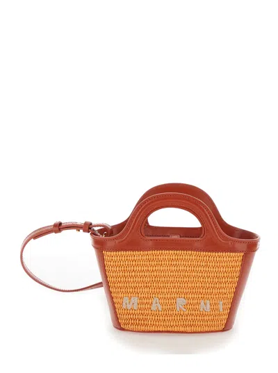 Shop Marni Tropicalia Micro Beige Handbag With Logo Lettering Detail In Leather And Rafia Effect Fabric Woman