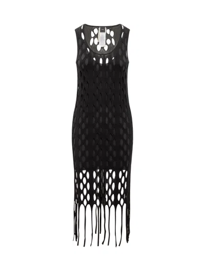 Shop Pinko Dress With Mesh Effect And Fringes In Nero Limousine