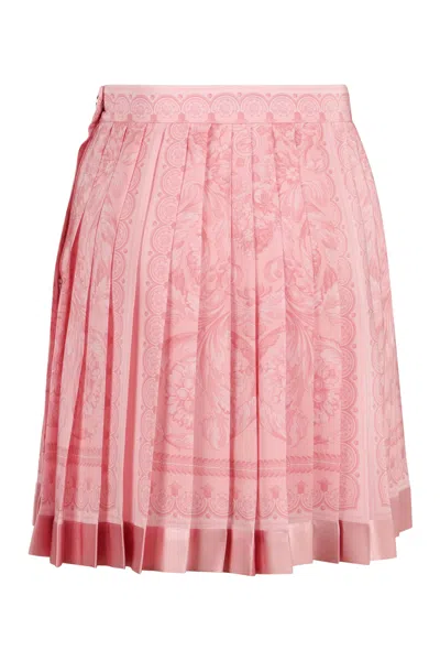Shop Versace Printed Silk Skirt In Pink