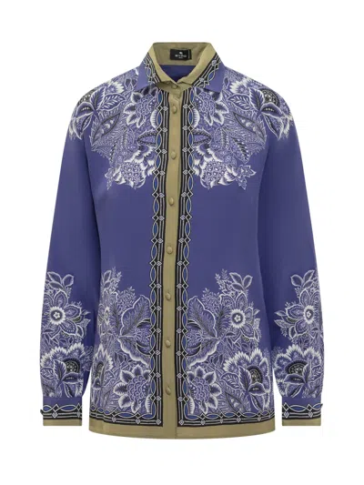 Shop Etro Crepe De Chine Bouquet Bandana Shirt In Fdo Blu