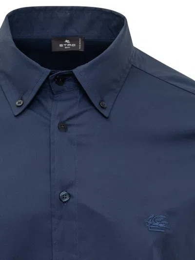 Shop Etro Cotton Shirt With Logo In Blu Scuro
