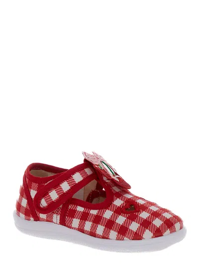 Shop Monnalisa Red And White Shoes With Check Motif And Heart Cut-out In Stretch Cotton Baby