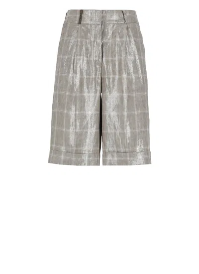 Shop Peserico Check Linen Shorts In Grey