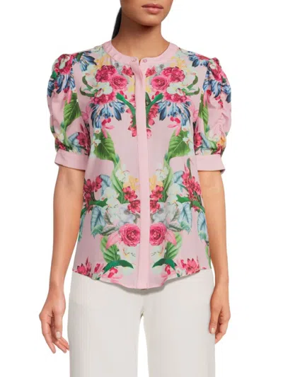 Shop T Tahari Women's Floral Ruched Sleeve Blouse In Placed Rose