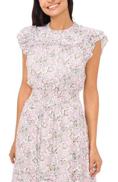 Shop Cece Floral Print Flutter Sleeve Midi Dress In New Ivory White