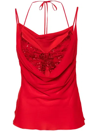 Shop Blumarine Red Butterfly-bodice Silk Top In Rot