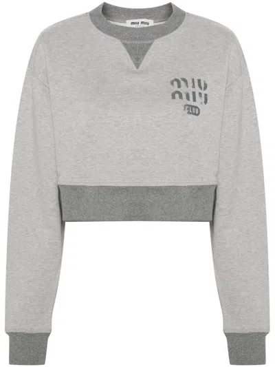 Shop Miu Miu Grey Logo-print Cropped Sweatshirt In Grau