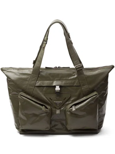 Shop Prada Green Leather Travel Bag