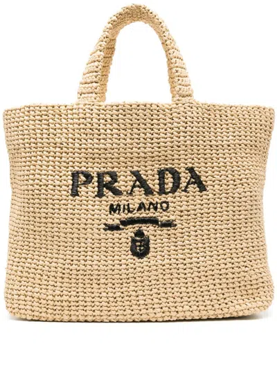 Shop Prada Beige Logo-embroidered Crochet Tote Bag In Brown