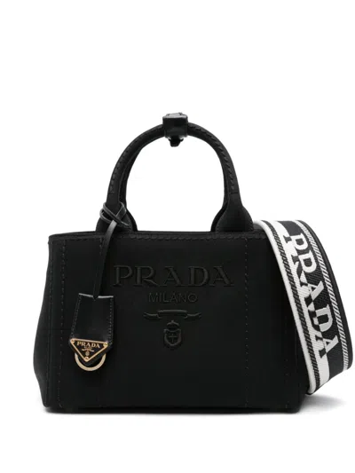 Shop Prada Black Logo-embroidered Cotton Tote Bag