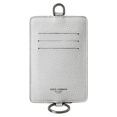 Pre-owned Dolce & Gabbana Wallet White Calf Leather Lanyard Logo Card Holder Men 480usd