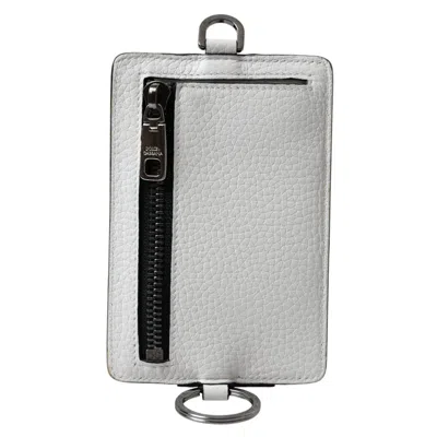 Pre-owned Dolce & Gabbana Wallet White Calf Leather Lanyard Logo Card Holder Men 480usd