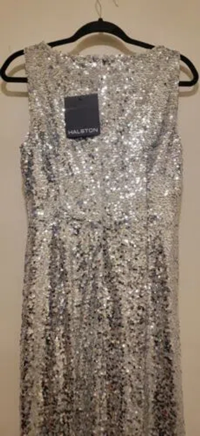 Pre-owned Halston Heritage Halston Sequined Draped Slit Evening Gown Silver Sz Small ( Sz 4/6)