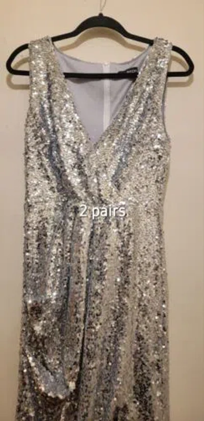 Pre-owned Halston Heritage Halston Sequined Draped Slit Evening Gown Silver Sz Small ( Sz 4/6)