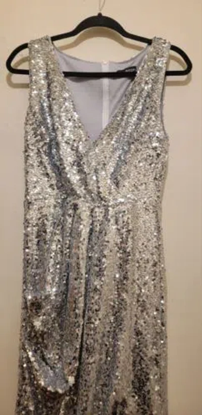 Pre-owned Halston Heritage Halston Sequined Draped Slit Evening Gown Silver Sz Small ( Sz 4/6)