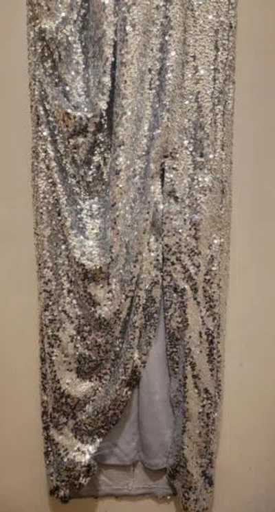 Pre-owned Halston Heritage Halston Sequined Draped Slit Evening Gown Silver Sz Small ( Sz 4/6)