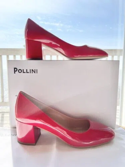 Pre-owned Pollini Donna Red Patent Leather Block Heel Almond Toe Pumps Eu38/8m $420 Bnib