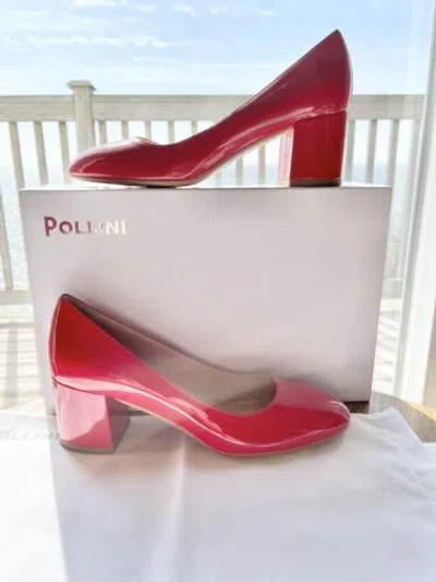 Pre-owned Pollini Donna Red Patent Leather Block Heel Almond Toe Pumps Eu38/8m $420 Bnib