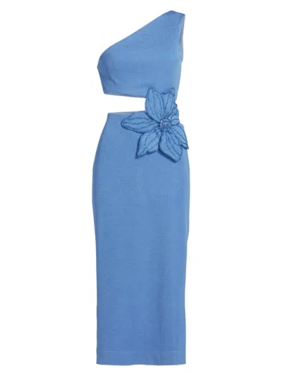 Shop Patbo Women's One-shoulder Knit Appliqué Midi-dress In Sky