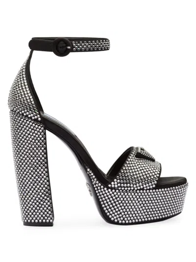 Shop Prada Women's Satin Platform Sandals With Crystals In Black