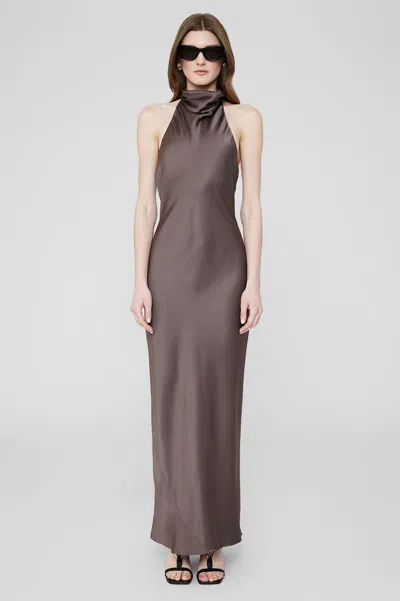 Anine Bing Eliana Drapey Halter Neck Silk Dress In Brown