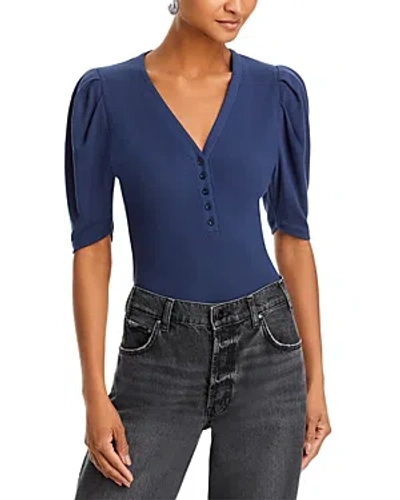Shop Frame Rib Knit Ruched Sleeve Henley Tee In Navy