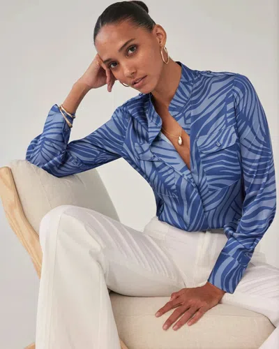 Shop White House Black Market Petite Long Sleeve Collar Pocket Shirt In Palm Frond Denim Blue