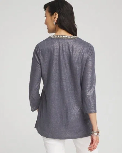 Shop Chico's Linen Foil Embellished Tunic Top In Soft Slate Size 8/10 |